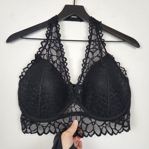 Victoria's Secret PINK Black Lace Floral Halter Bralette Size Large